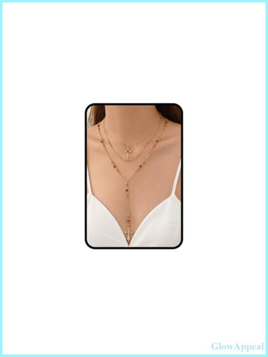 Jewelry - Gold Plated Layered Cross Necklace Set 3Pc Y Choker Christian Pendant